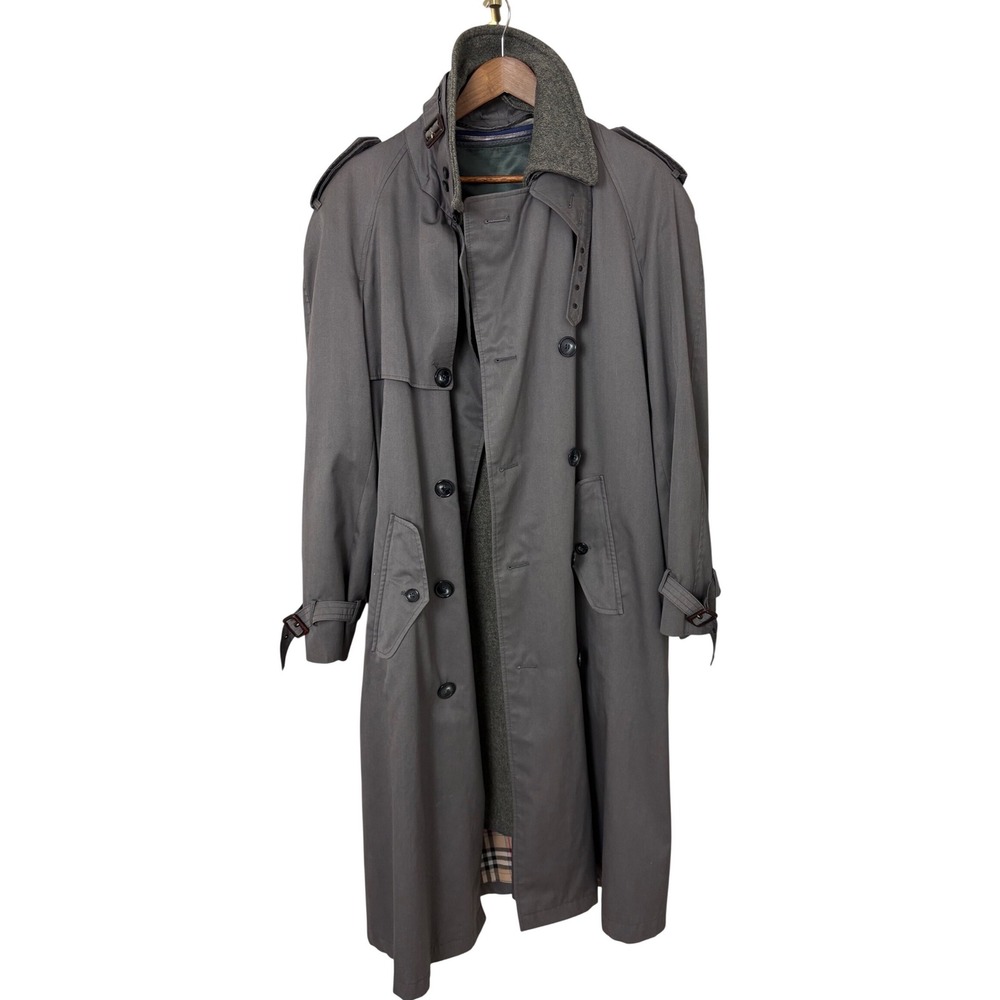 Vintage Trench Coat Mens Large Gray Poland Zip Out Wool Liner Plaid Nova Check